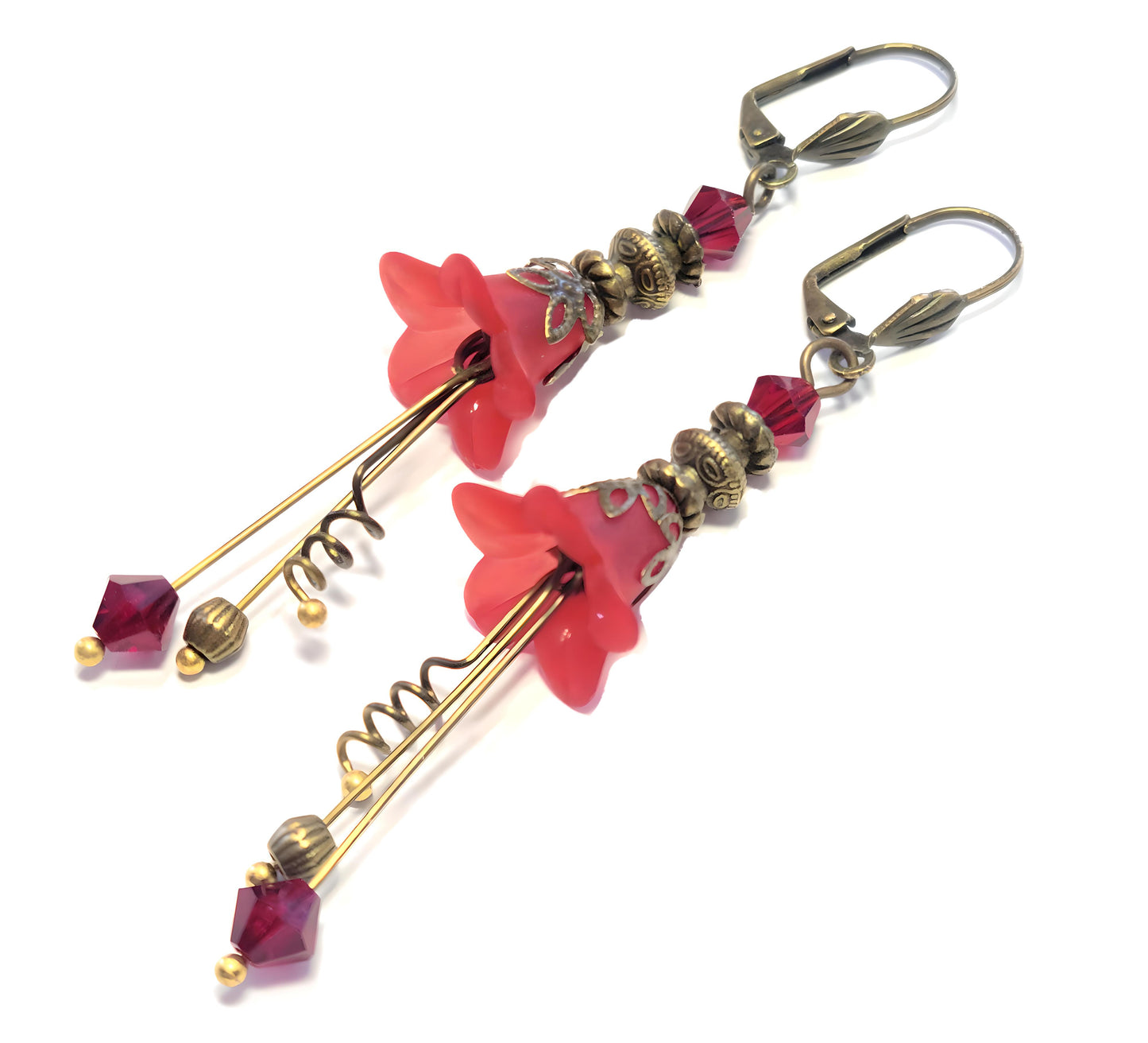 Vintage Victorian Style Siam Red and Antique Bronze Bell Flower Lucite Earrings - Chic Brico