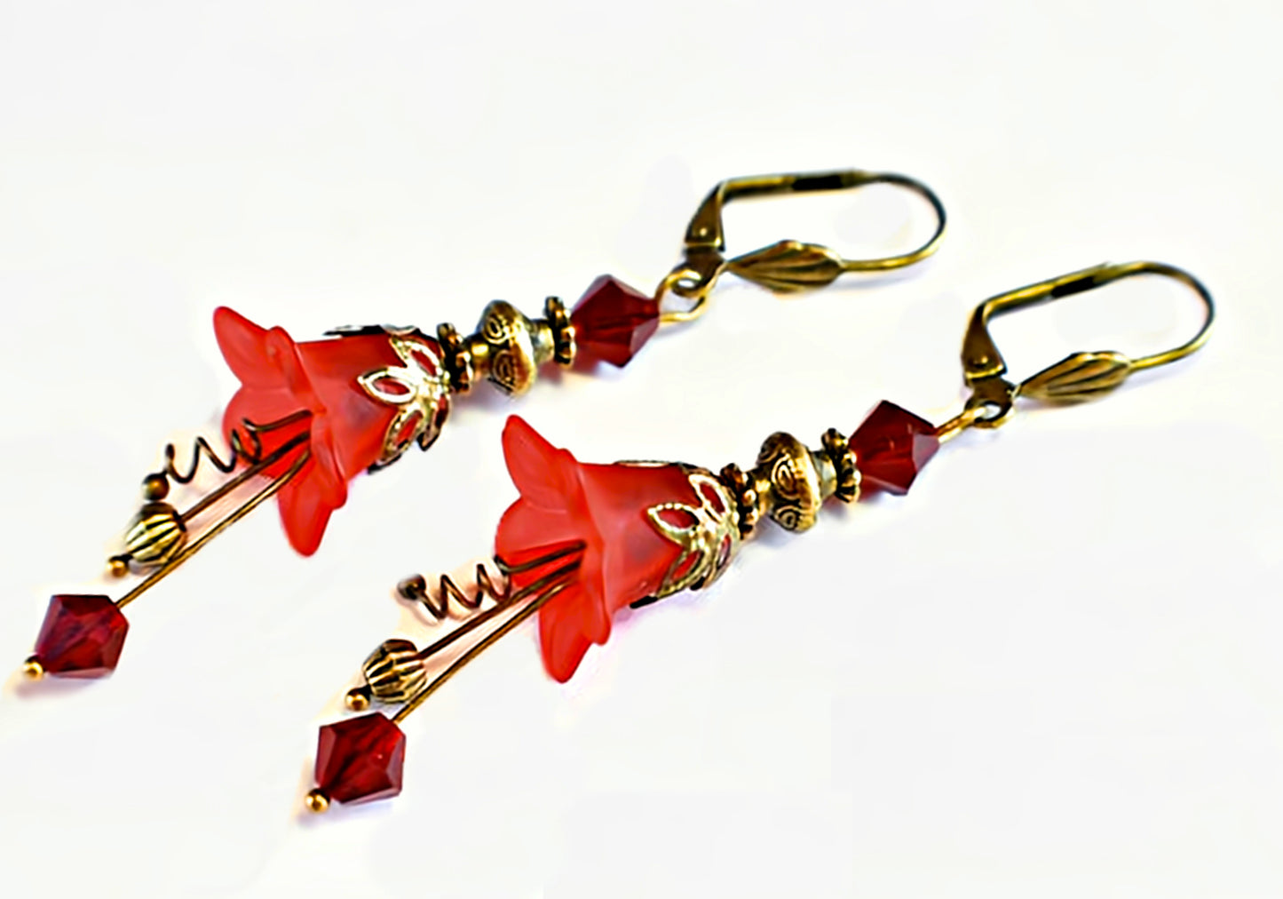 Vintage Victorian Style Siam Red and Antique Bronze Bell Flower Lucite Earrings - Chic Brico