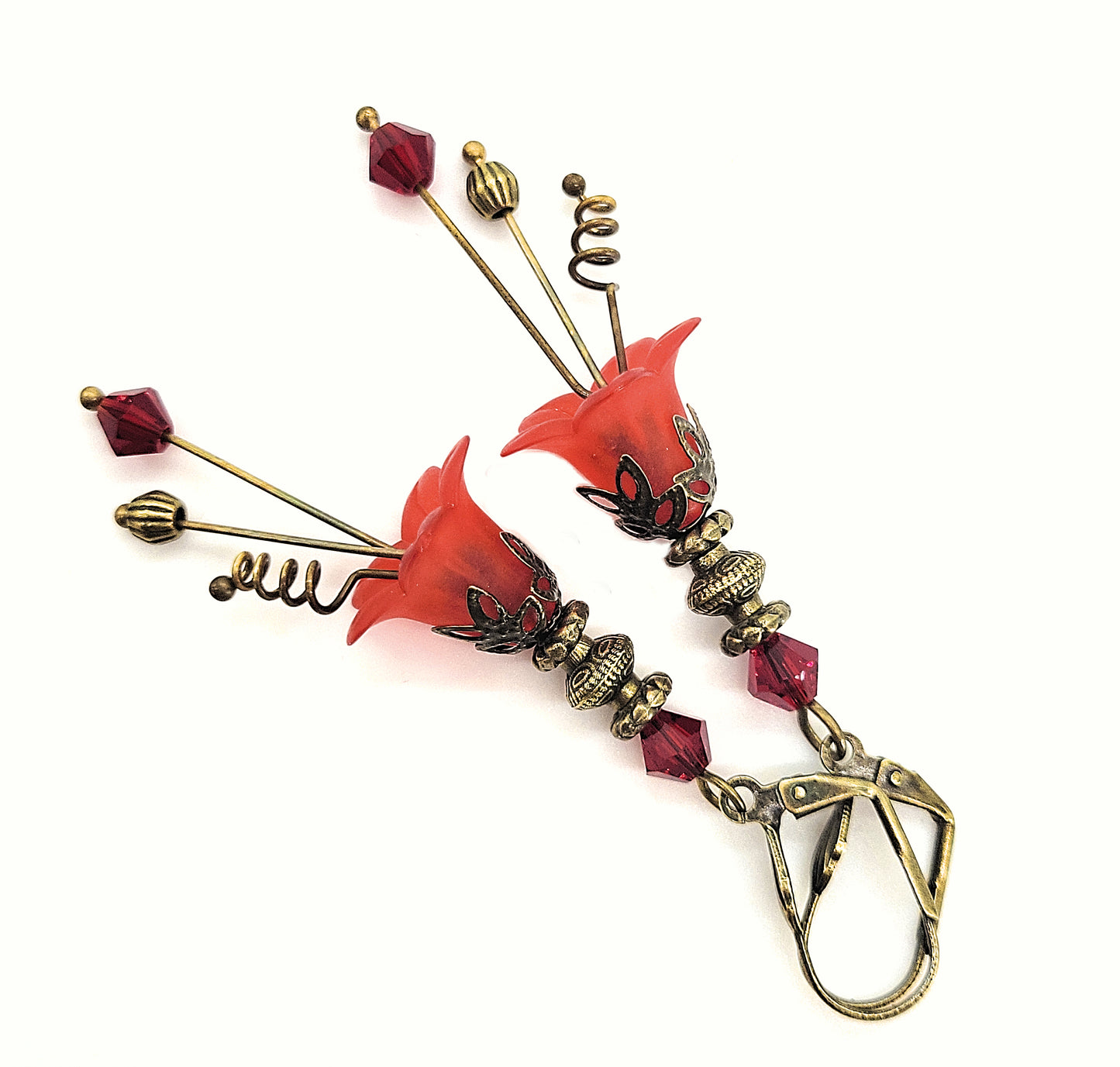 Vintage Victorian Style Siam Red and Antique Bronze Bell Flower Lucite Earrings - Chic Brico