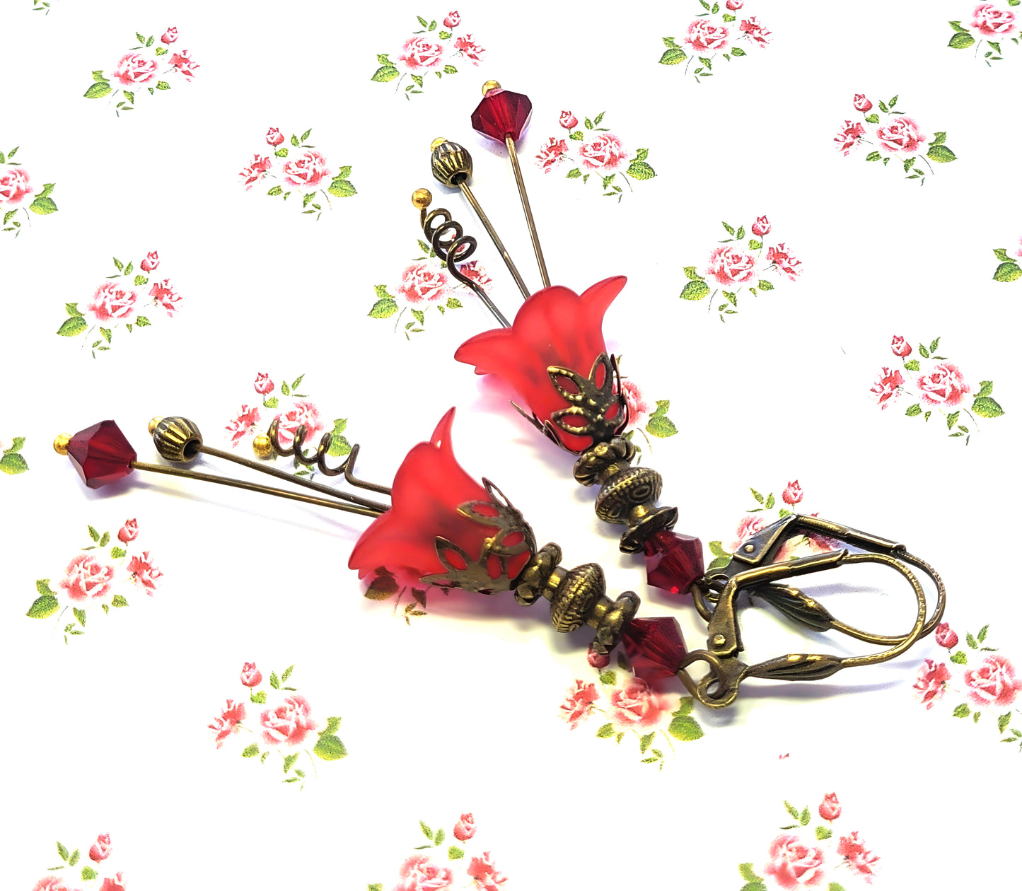 Vintage Victorian Style Siam Red and Antique Bronze Bell Flower Lucite Earrings - Chic Brico