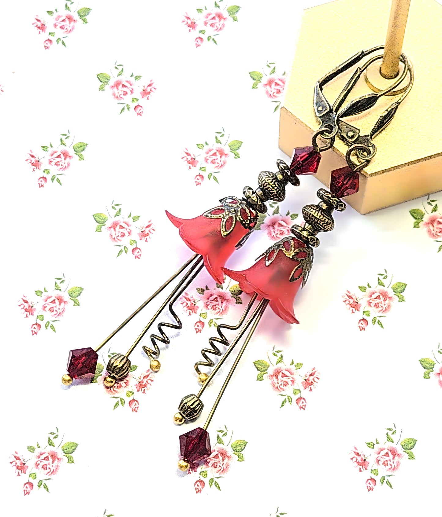 Vintage Victorian Style Siam Red and Antique Bronze Bell Flower Lucite Earrings - Chic Brico