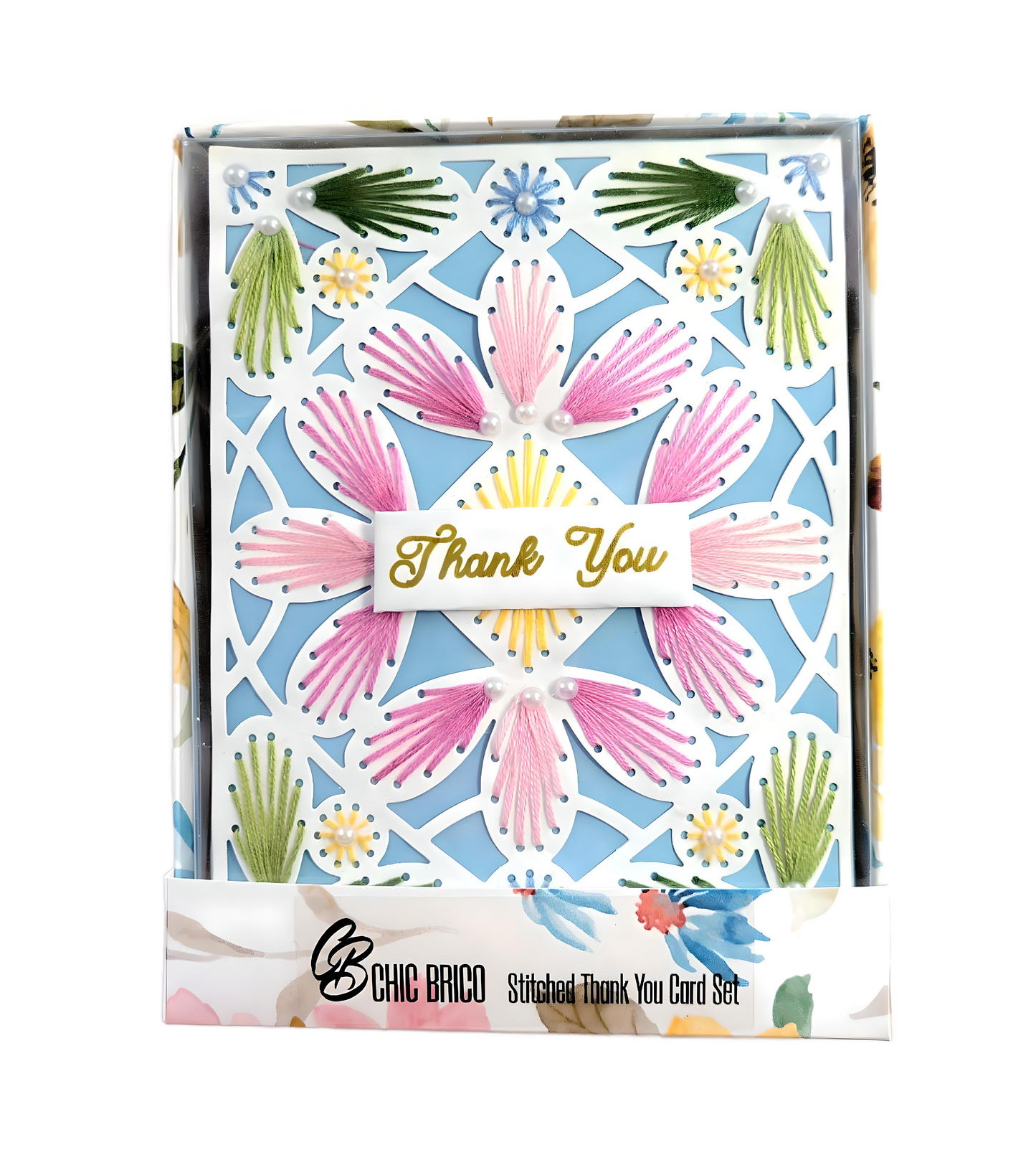 Stitched Thank You Cards, Elegant Decorated Gift Boxed Set - 4 Pieces - Chic Brico
