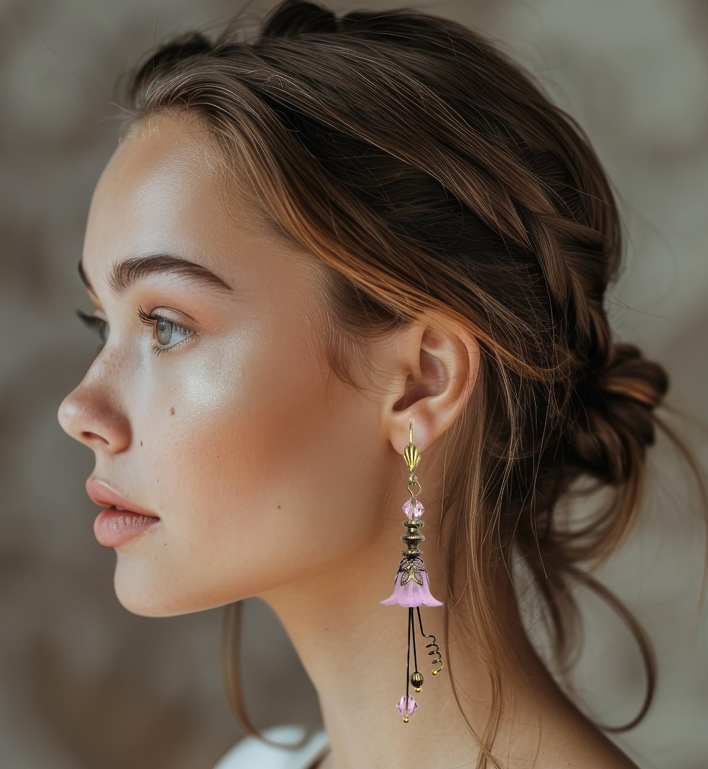 Vintage Victorian Style Lilac and Antique Bronze Bell Flower Lucite Earrings - Chic Brico