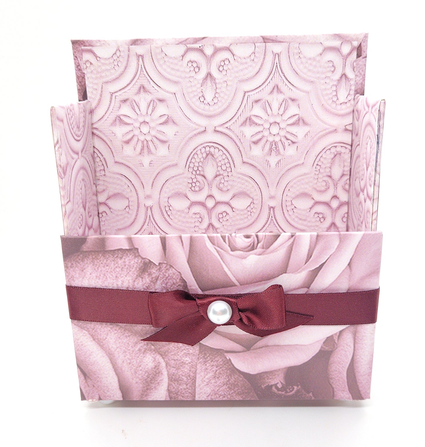 42-Pc Stationery Gift Box Set w/Reusable Desktop Organizer Box and Gold Pen - Vintage Burgundy Roses - Chic Brico