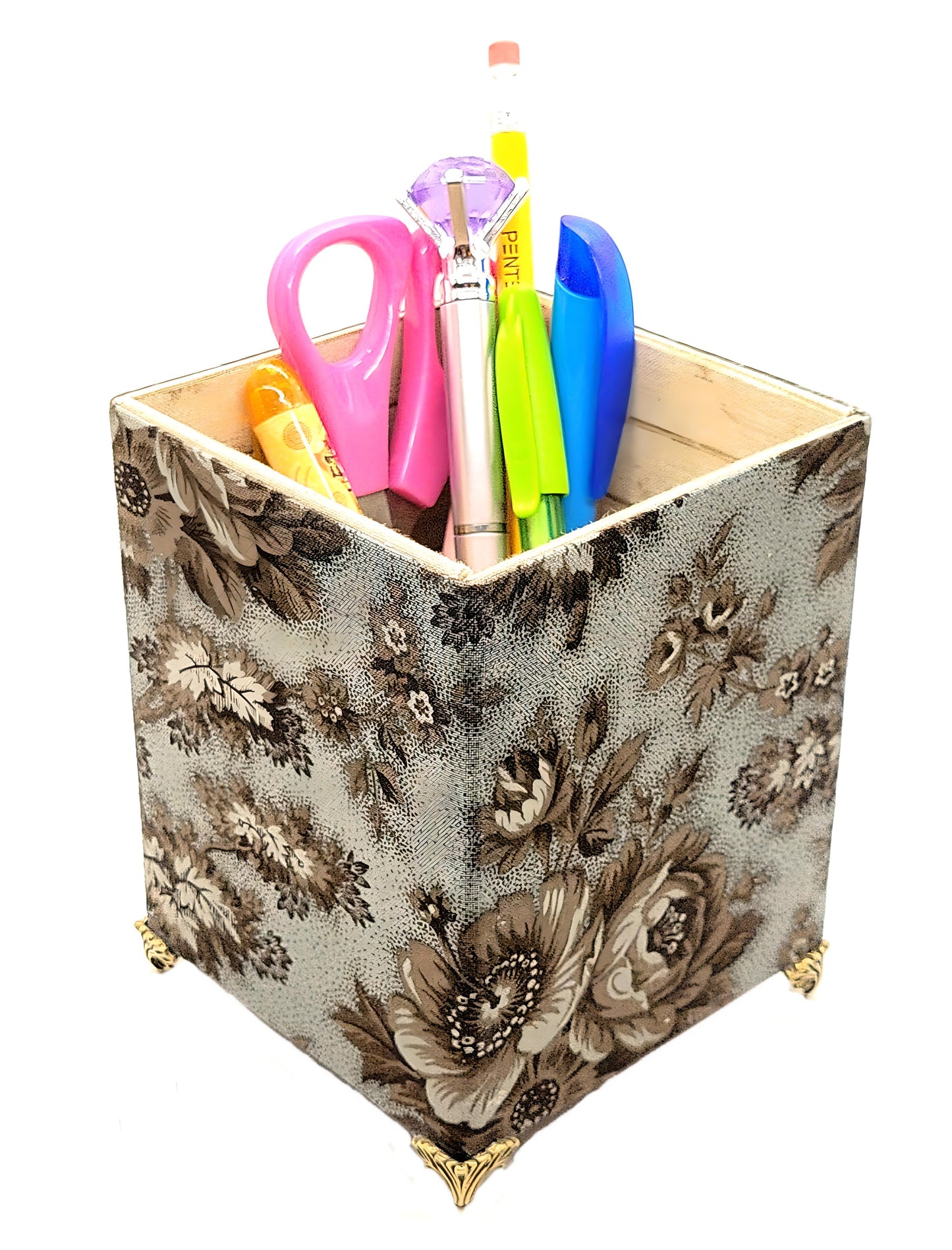 Fabric-Covered Pen Pencil Cosmetics Brushes Holder, Desktop Organizer, Vintage Victorian Wallpaper - Chic Brico