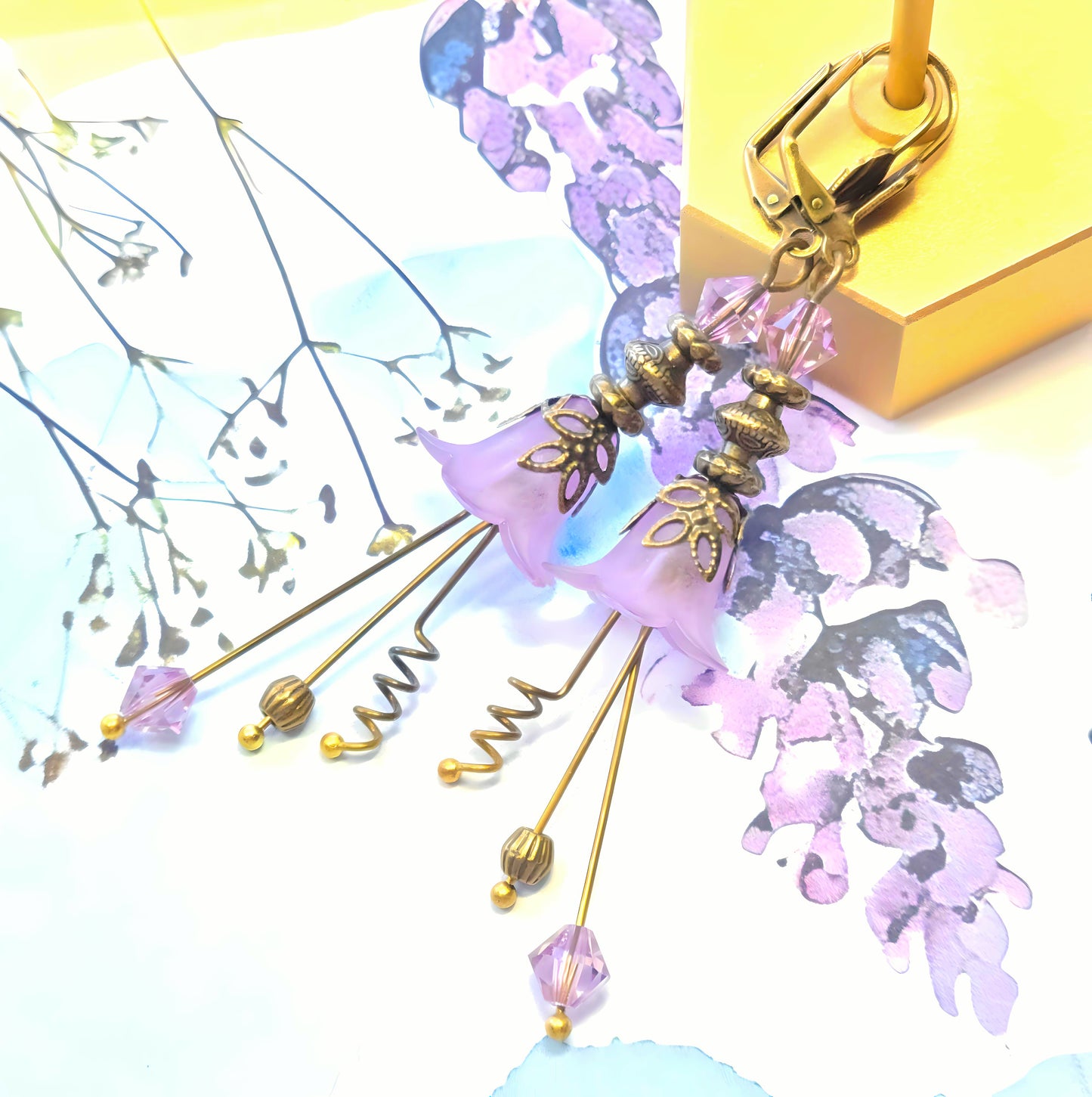Vintage Victorian Style Lilac and Antique Bronze Bell Flower Lucite Earrings - Chic Brico