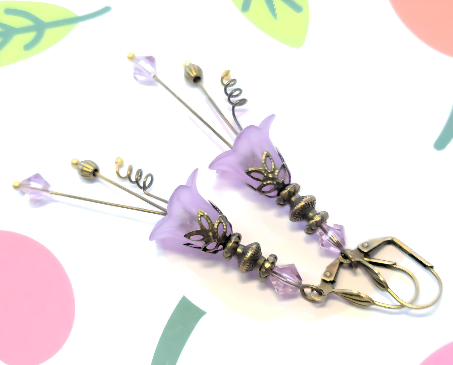 Vintage Victorian Style Lilac and Antique Bronze Bell Flower Lucite Earrings - Chic Brico