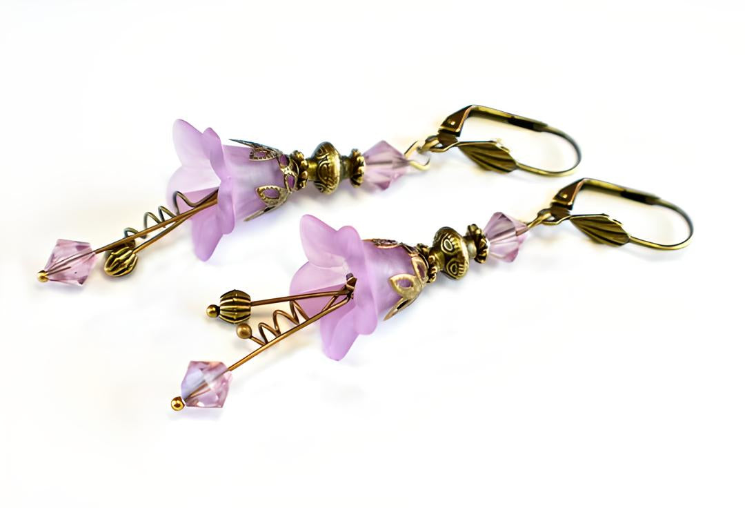 Vintage Victorian Style Lilac and Antique Bronze Bell Flower Lucite Earrings - Chic Brico