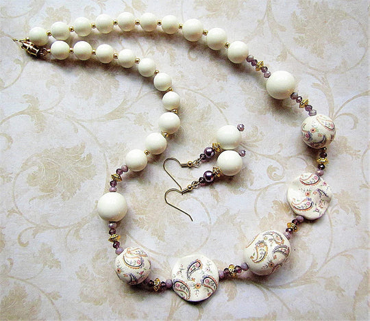 Ivory, Lilac and Gold Paisley Bead Necklace - Chic Brico