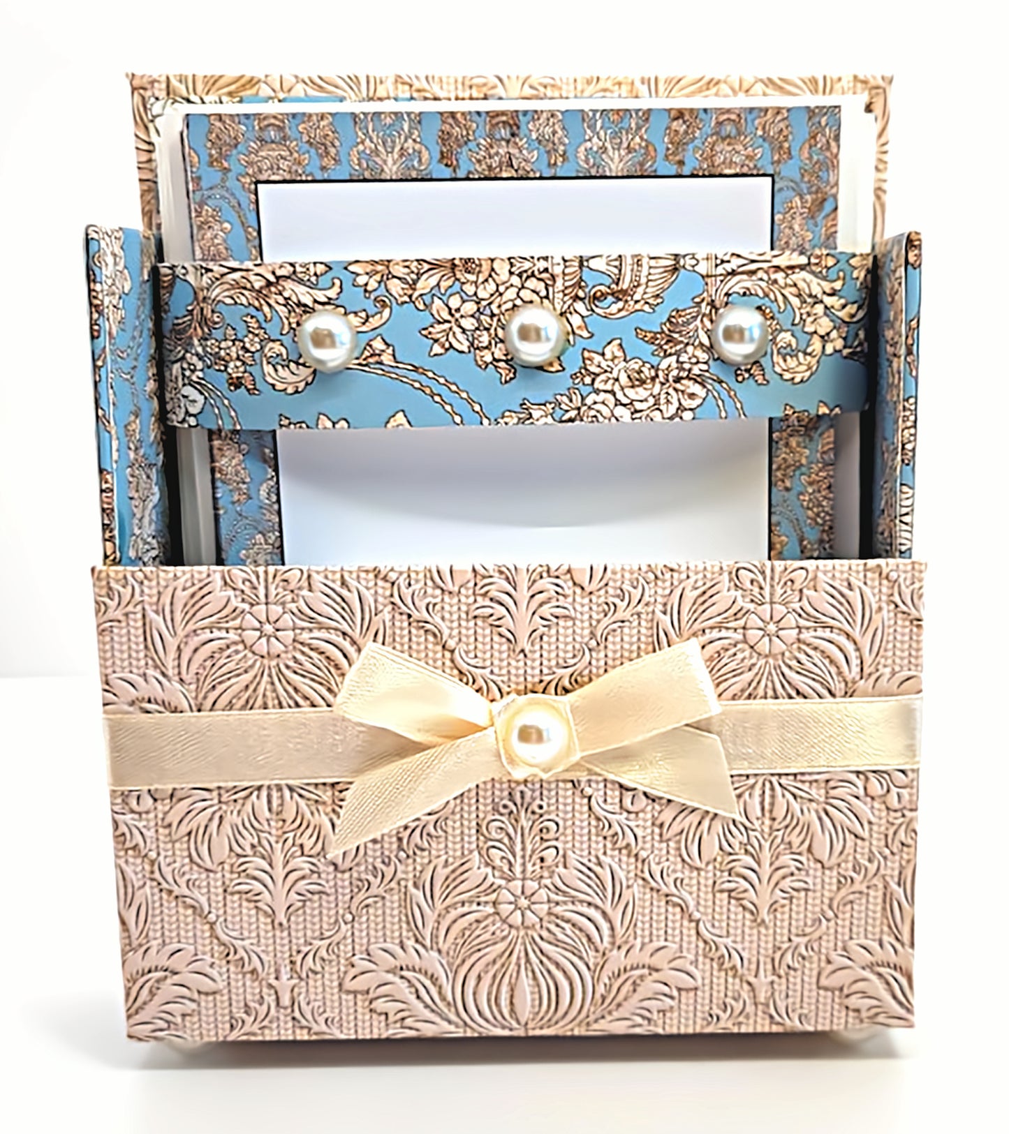 42-Pc Stationery Gift Box Set w/Reusable Desktop Organizer Box and Gold Pen - Blue & Ivory Lace - Chic Brico