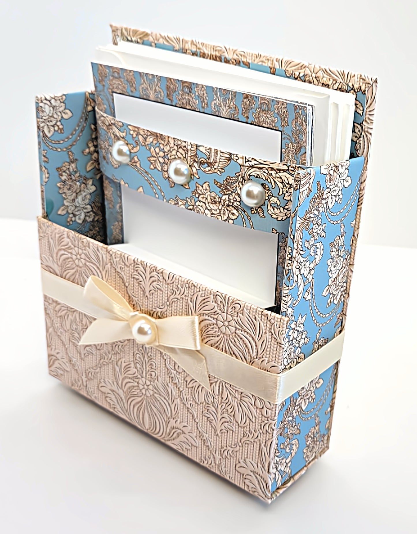 42-Pc Stationery Gift Box Set w/Reusable Desktop Organizer Box and Gold Pen - Blue & Ivory Lace - Chic Brico