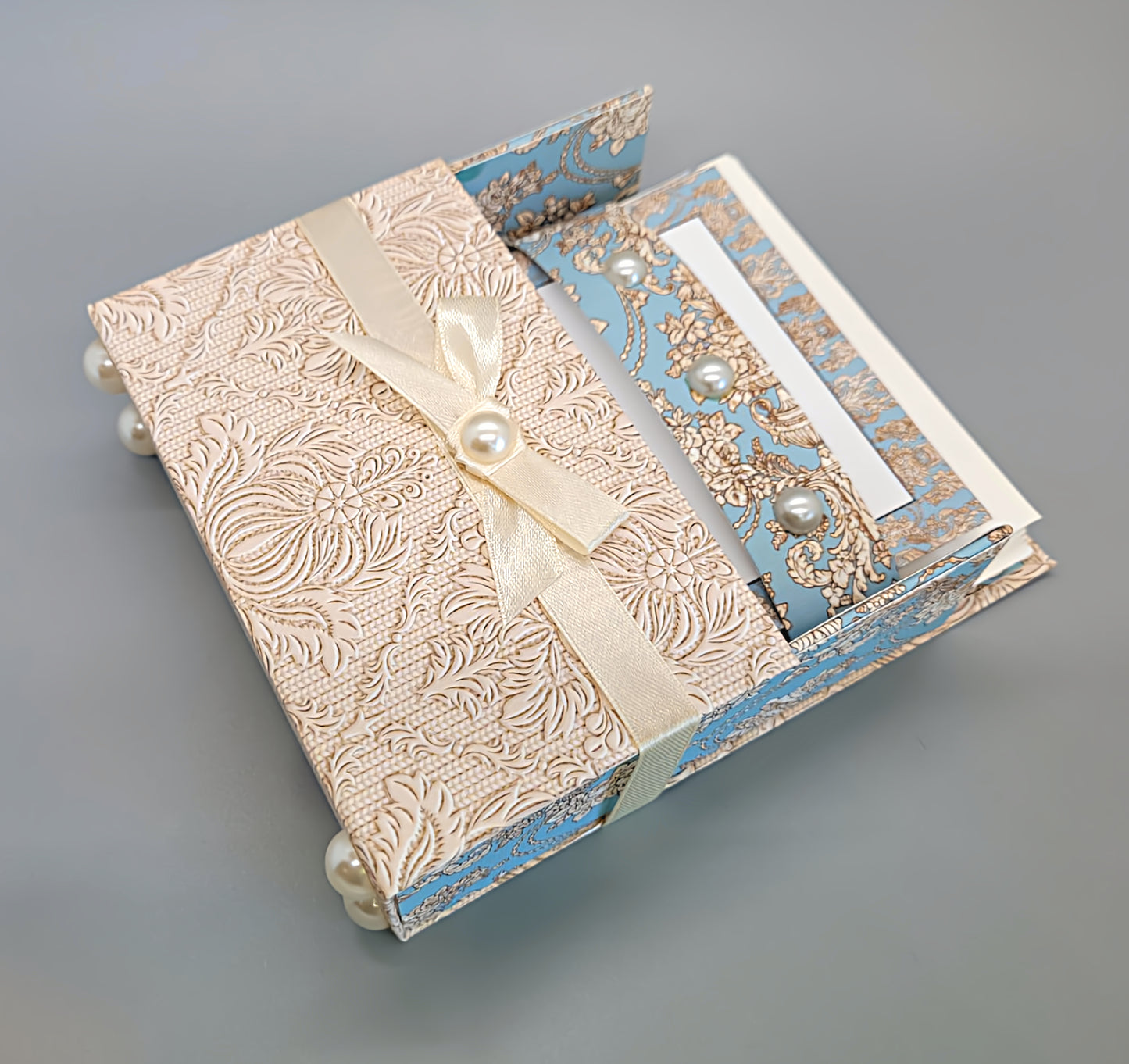 42-Pc Stationery Gift Box Set w/Reusable Desktop Organizer Box and Gold Pen - Blue & Ivory Lace - Chic Brico