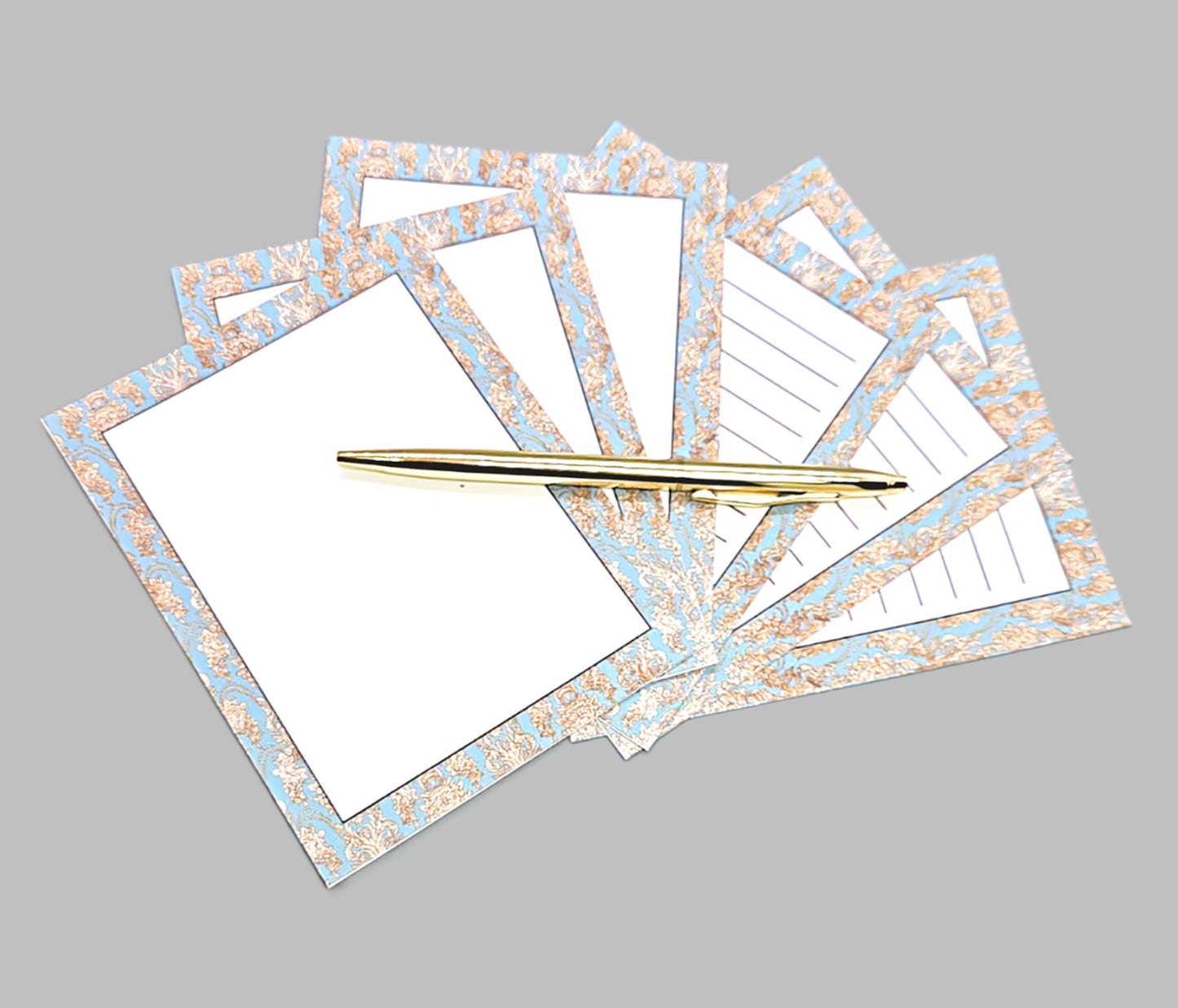 42-Pc Stationery Gift Box Set w/Reusable Desktop Organizer Box and Gold Pen - Blue & Ivory Lace - Chic Brico