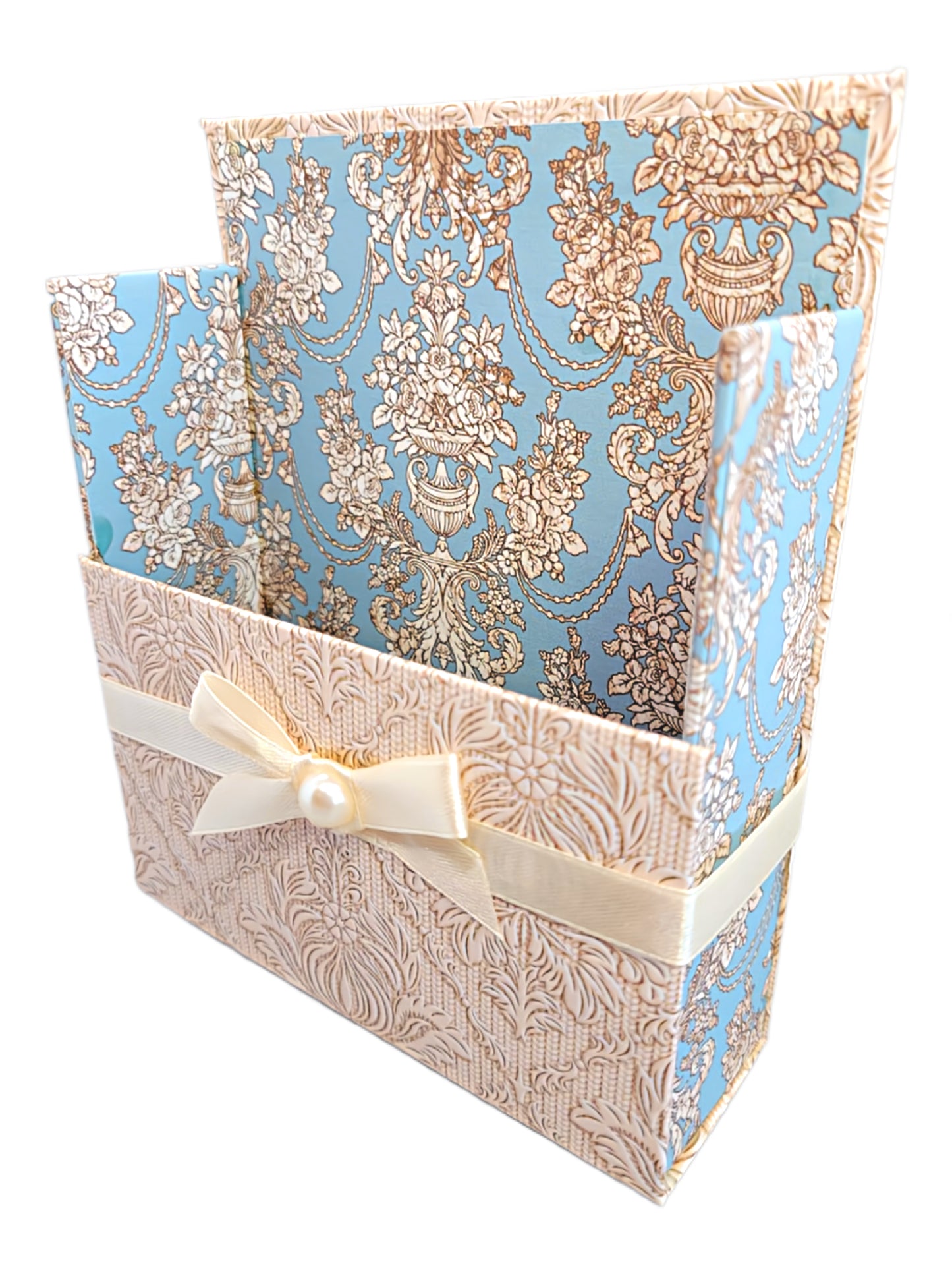 42-Pc Stationery Gift Box Set w/Reusable Desktop Organizer Box and Gold Pen - Blue & Ivory Lace - Chic Brico