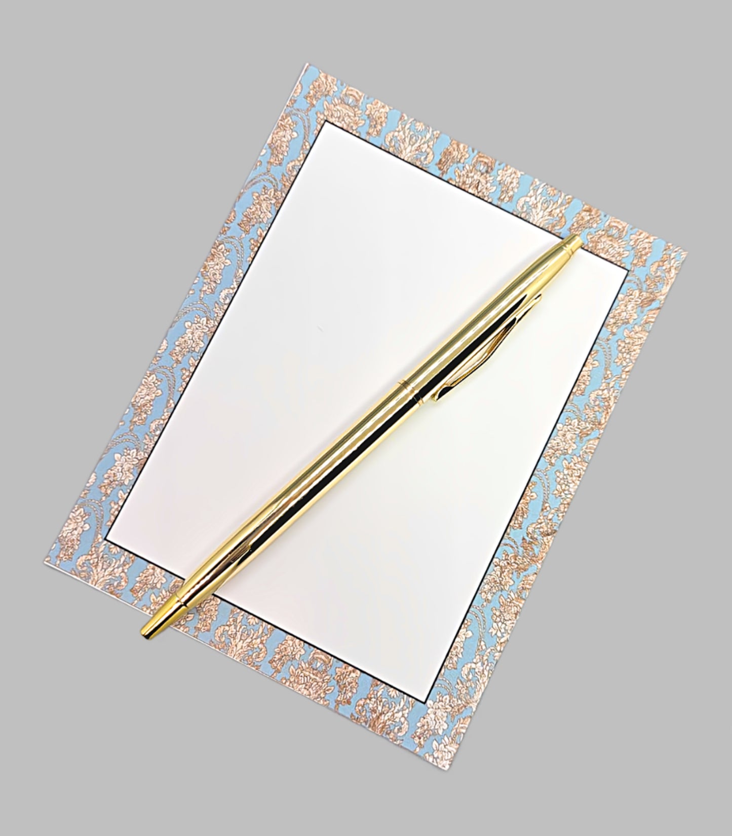 42-Pc Stationery Gift Box Set w/Reusable Desktop Organizer Box and Gold Pen - Blue & Ivory Lace - Chic Brico