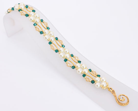 Emerald and Gold Crystal and Pearl Hex Block Link Bracelet - Chic Brico