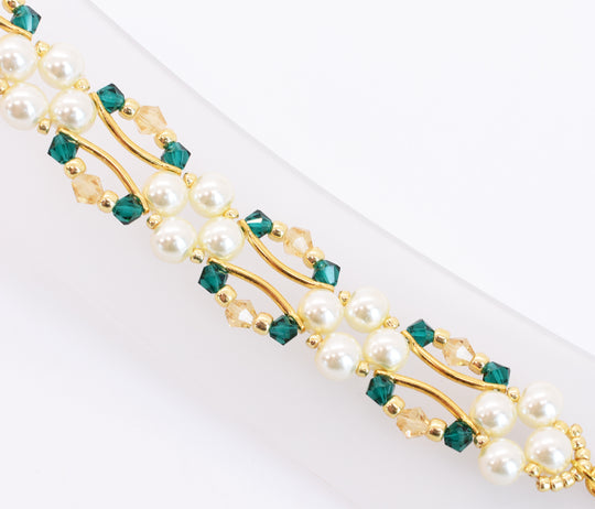 Emerald and Gold Crystal and Pearl Hex Block Link Bracelet - Chic Brico