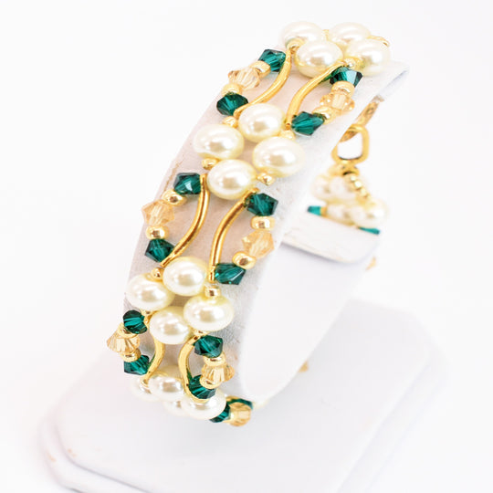 Emerald and Gold Crystal and Pearl Hex Block Link Bracelet - Chic Brico