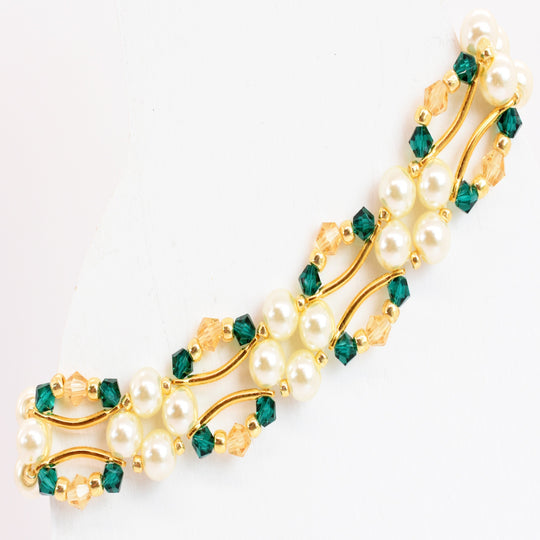 Emerald and Gold Crystal and Pearl Hex Block Link Bracelet - Chic Brico