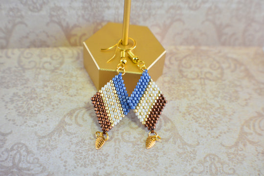 Blue, Copper and Gold Diamond-Shaped Diagonal Geometric Earrings w/Leaf Charm - Chic Brico