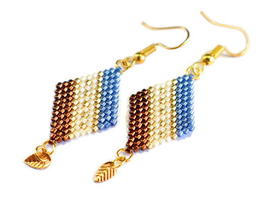Blue, Copper and Gold Diamond-Shaped Diagonal Geometric Earrings w/Leaf Charm - Chic Brico