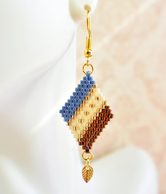 Blue, Copper and Gold Diamond-Shaped Diagonal Geometric Earrings w/Leaf Charm - Chic Brico