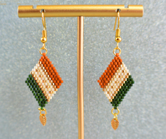 Green, Sienna and Gold Diamond-Shaped Diagonal Geometric Earrings w/Leaf Charm - Chic Brico