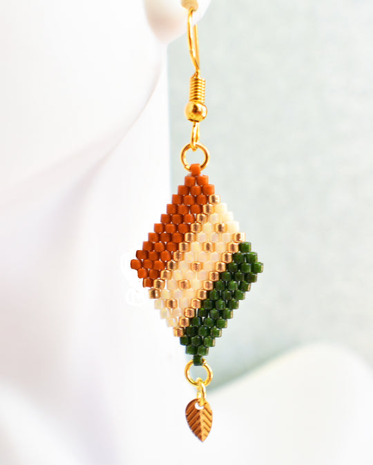 Green, Sienna and Gold Diamond-Shaped Diagonal Geometric Earrings w/Leaf Charm - Chic Brico