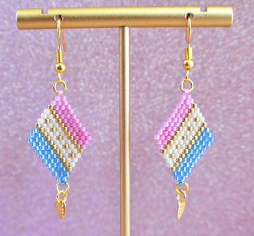 Baby Blue, Baby Pink and Gold Diagonal Geometric Delica Earrings - Chic Brico