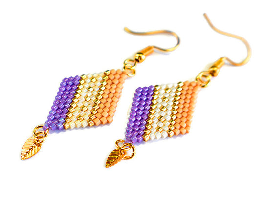 Purple, Tan and Gold Diamond-Shaped Diagonal Geometric Earrings w/Leaf Charm - Chic Brico