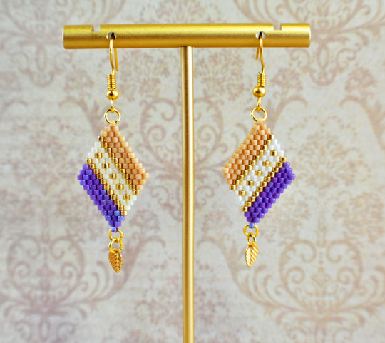Purple, Tan and Gold Diamond-Shaped Diagonal Geometric Earrings w/Leaf Charm - Chic Brico