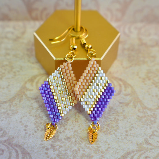 Purple, Tan and Gold Diamond-Shaped Diagonal Geometric Earrings w/Leaf Charm - Chic Brico