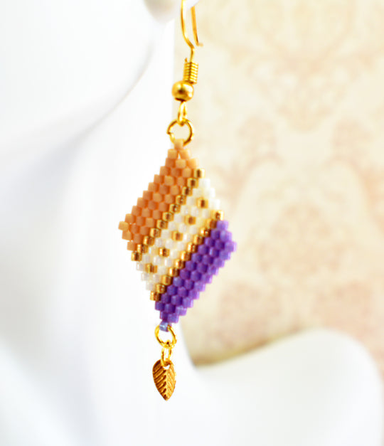 Purple, Tan and Gold Diamond-Shaped Diagonal Geometric Earrings w/Leaf Charm - Chic Brico