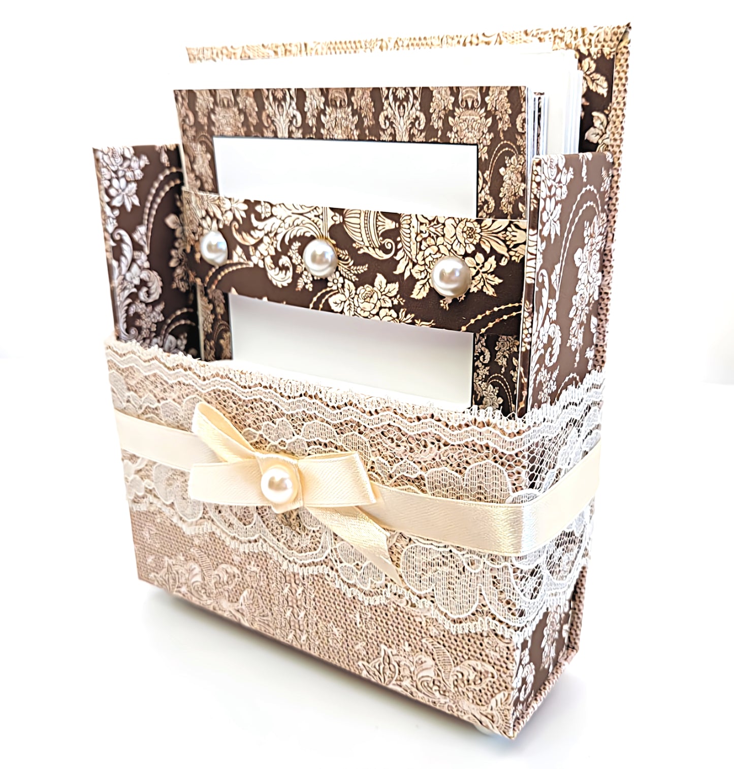 42-Pc Stationery Gift Box Set w/Reusable Desktop Organizer Box and Gold Pen - Ivory & Brown Vintage Lace - Chic Brico