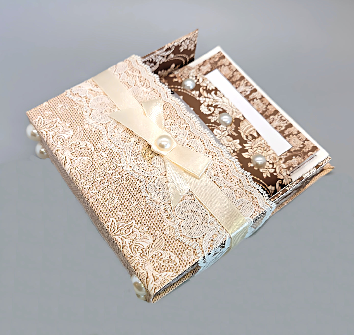 42-Pc Stationery Gift Box Set w/Reusable Desktop Organizer Box and Gold Pen - Ivory & Brown Vintage Lace - Chic Brico