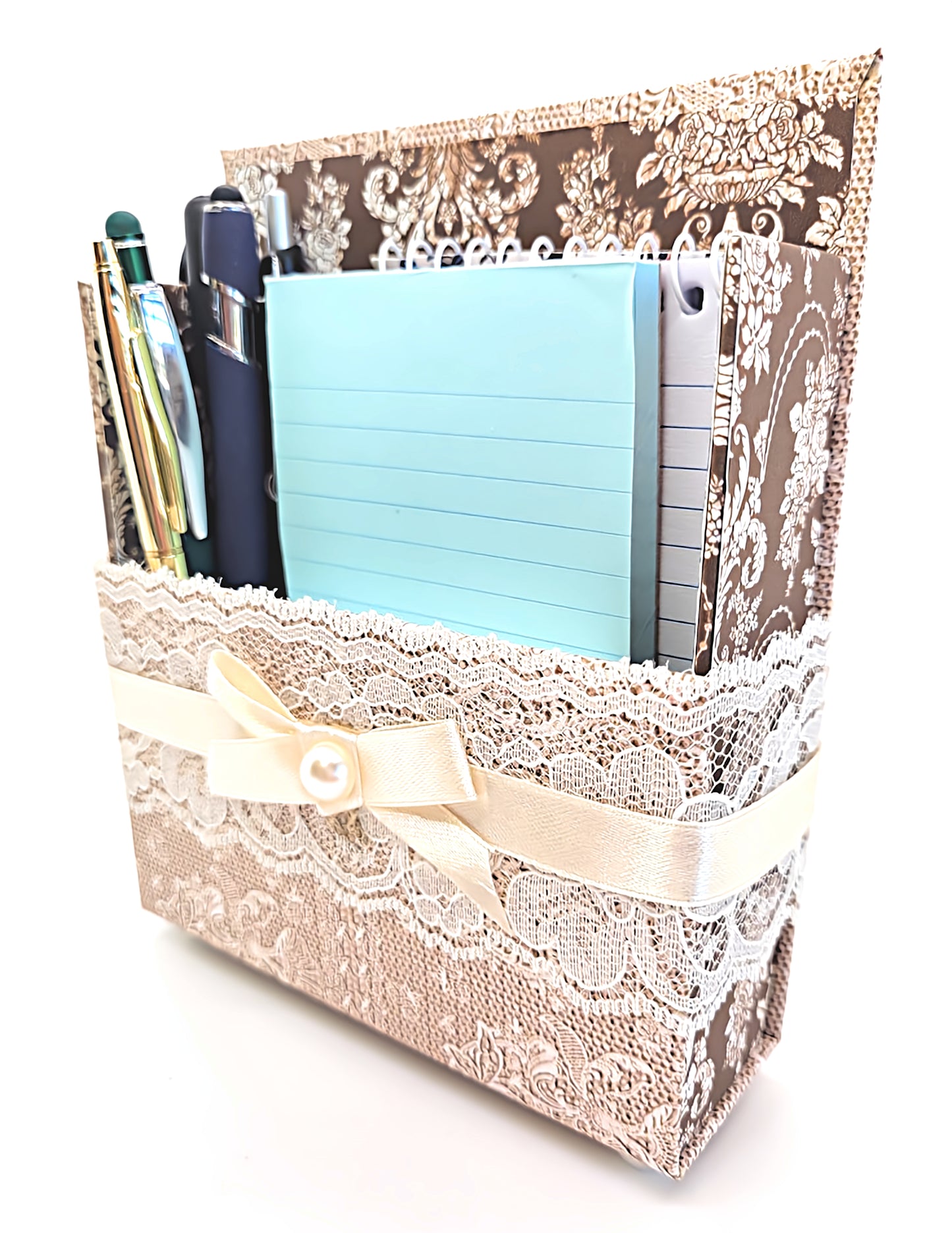 42-Pc Stationery Gift Box Set w/Reusable Desktop Organizer Box and Gold Pen - Ivory & Brown Vintage Lace - Chic Brico