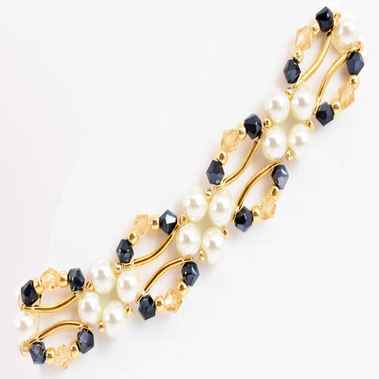 Midnight Navy Blue and Gold Crystal and Pearl Hex Block Link Bracelet - Chic Brico