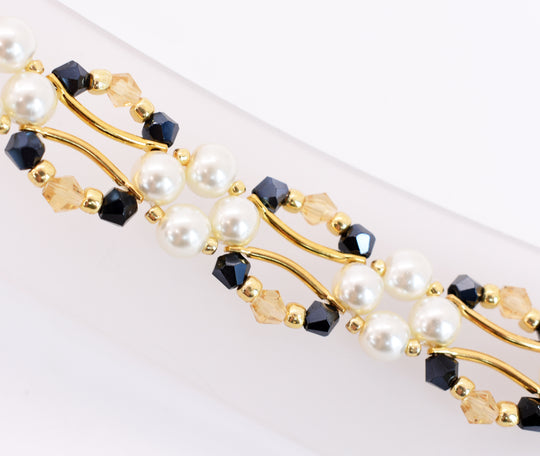 Midnight Navy Blue and Gold Crystal and Pearl Hex Block Link Bracelet - Chic Brico
