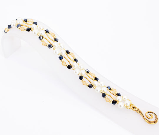 Midnight Navy Blue and Gold Crystal and Pearl Hex Block Link Bracelet - Chic Brico