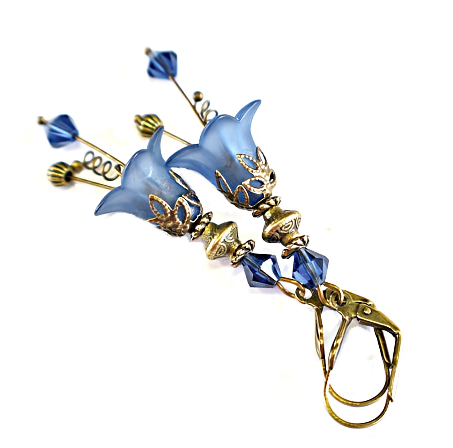 Vintage Victorian Style Navy Blue and Antique Bronze Bell Flower Lucite Earrings - Chic Brico