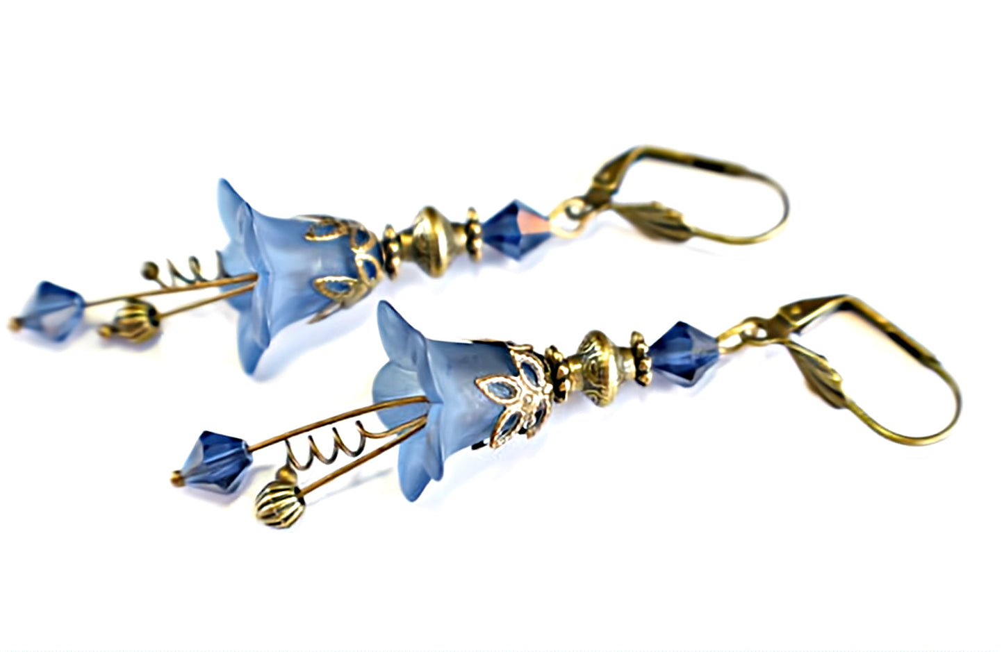 Vintage Victorian Style Navy Blue and Antique Bronze Bell Flower Lucite Earrings - Chic Brico
