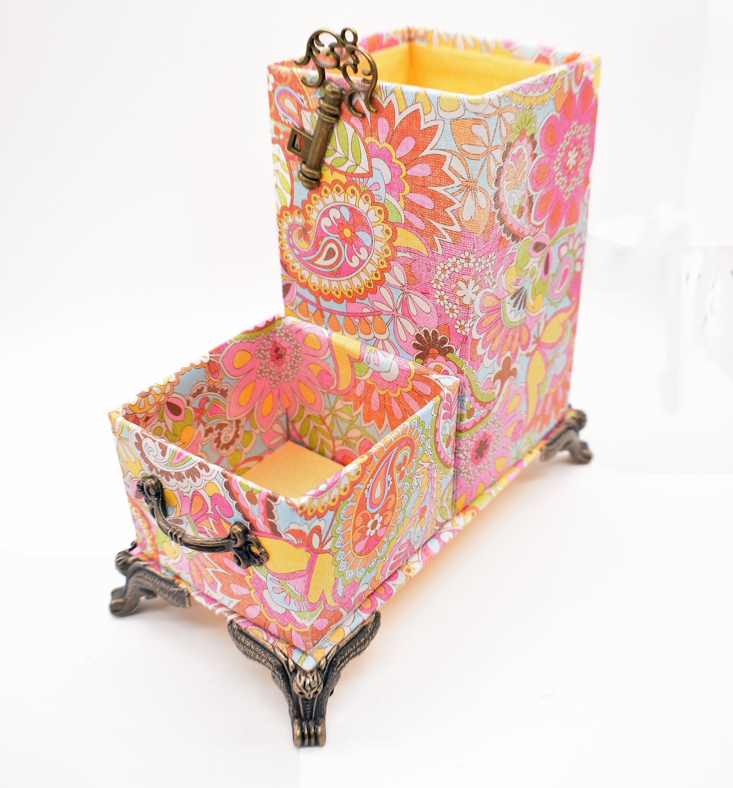 Pink, Orange, Yellow, Blue Paisley Desktop Organizer for Pens and Clips w/Antique Key Accent - Chic Brico