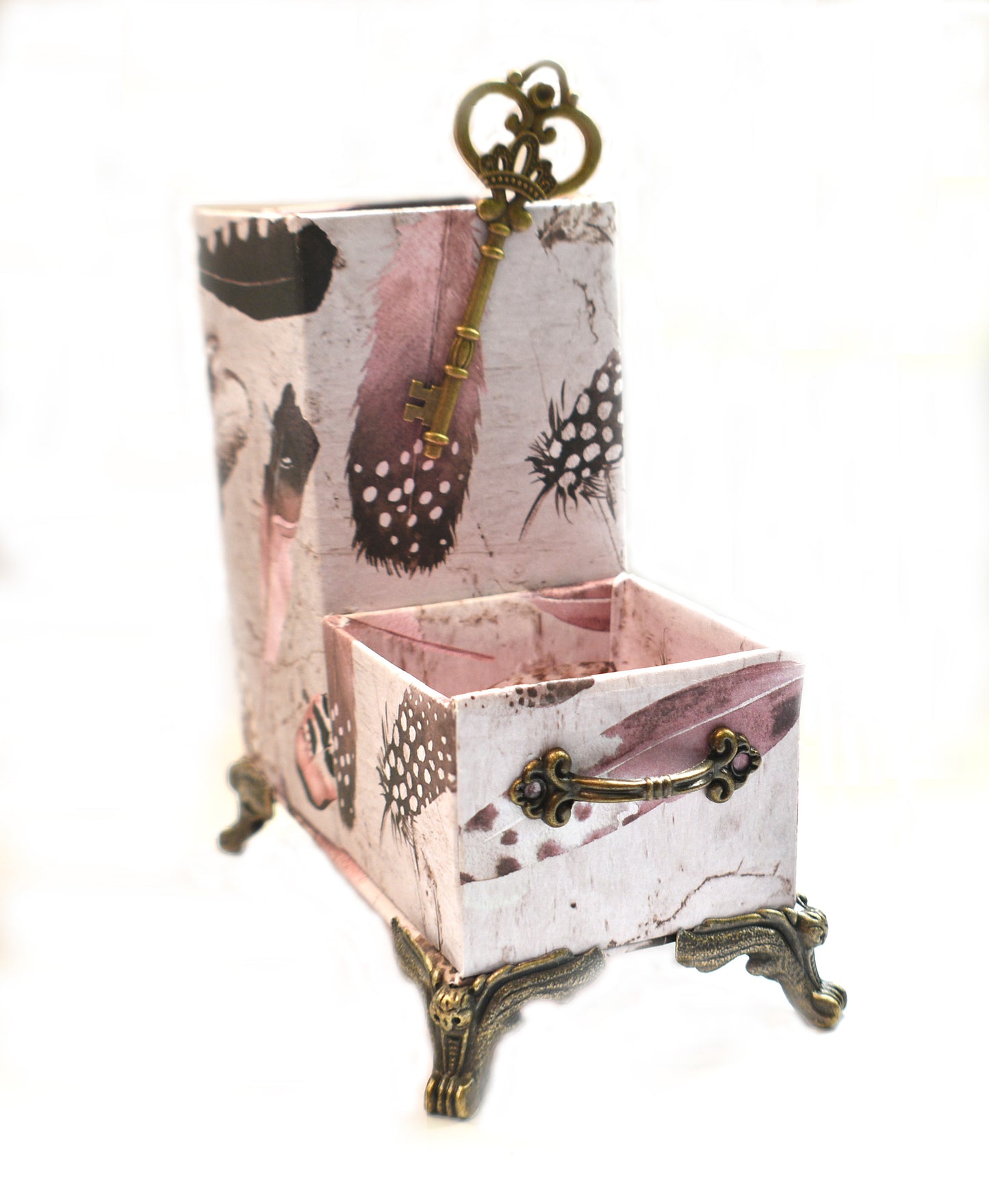 Pink & Brown Dots & Feathers Desktop Organizer for Pens and Clips w/Antique Key Accent - Chic Brico