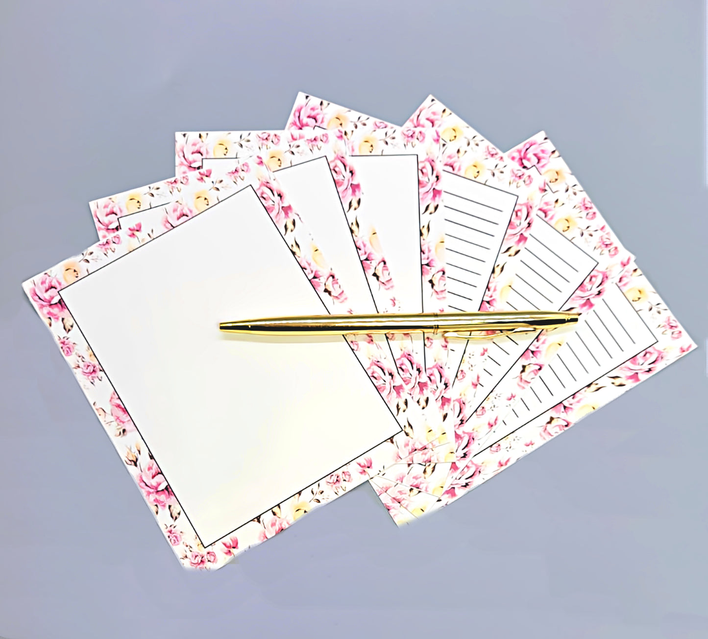 42-Pc Stationery Gift Box Set w/Reusable Desktop Organizer Box and Gold Pen - Pink & Yellow Posies - Chic Brico