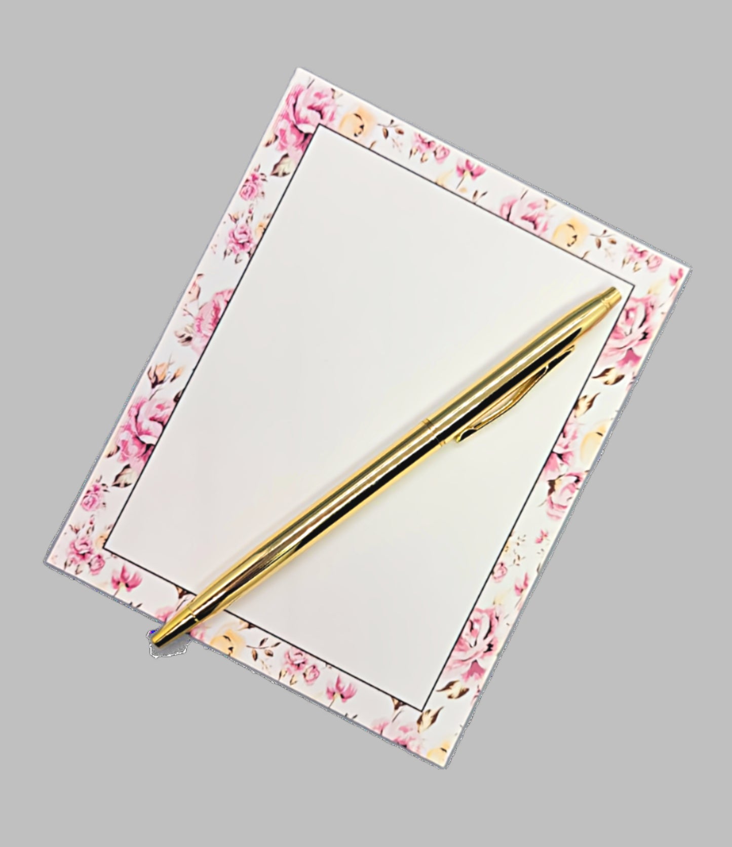 42-Pc Stationery Gift Box Set w/Reusable Desktop Organizer Box and Gold Pen - Pink & Yellow Posies - Chic Brico