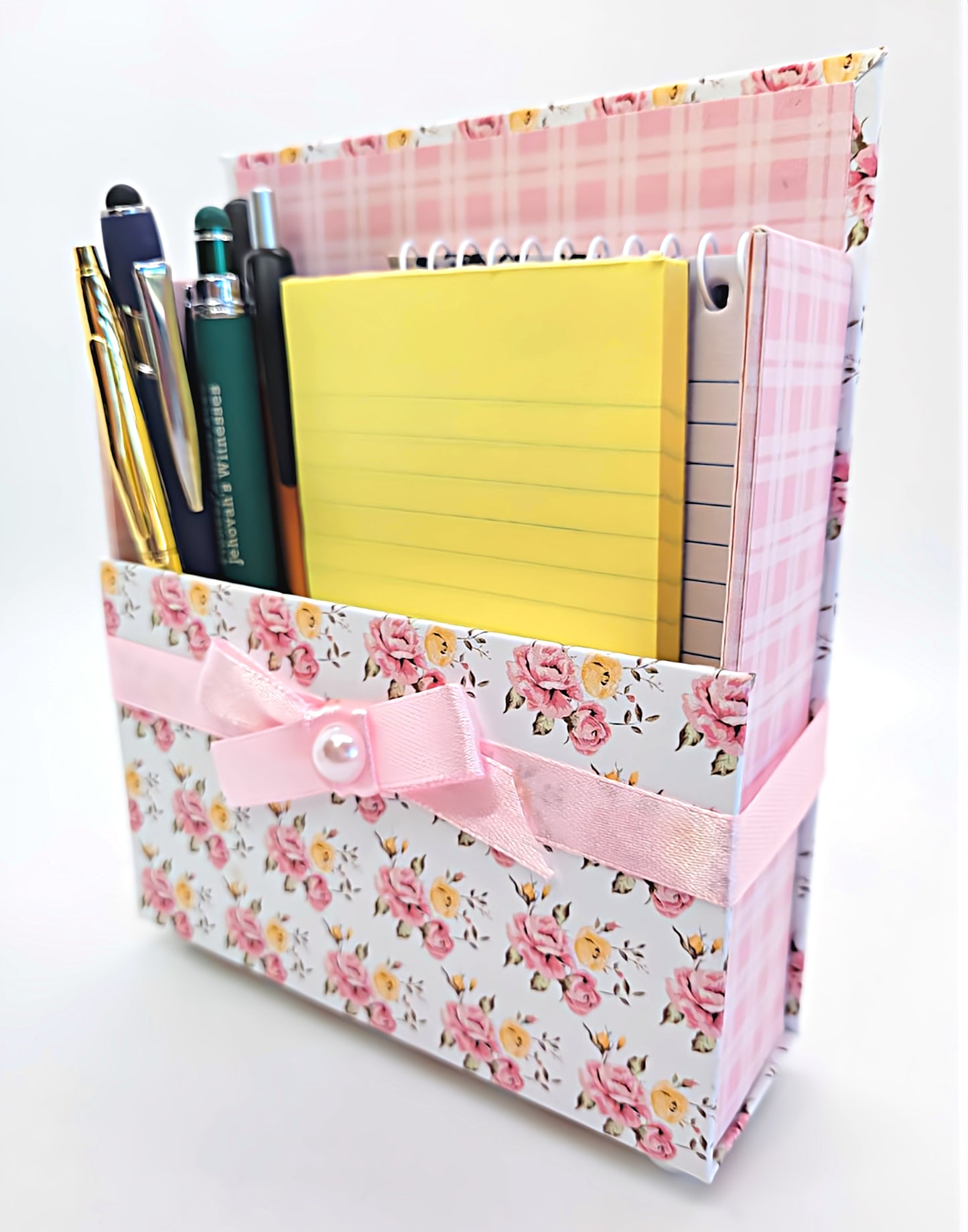 42-Pc Stationery Gift Box Set w/Reusable Desktop Organizer Box and Gold Pen - Pink & Yellow Posies - Chic Brico