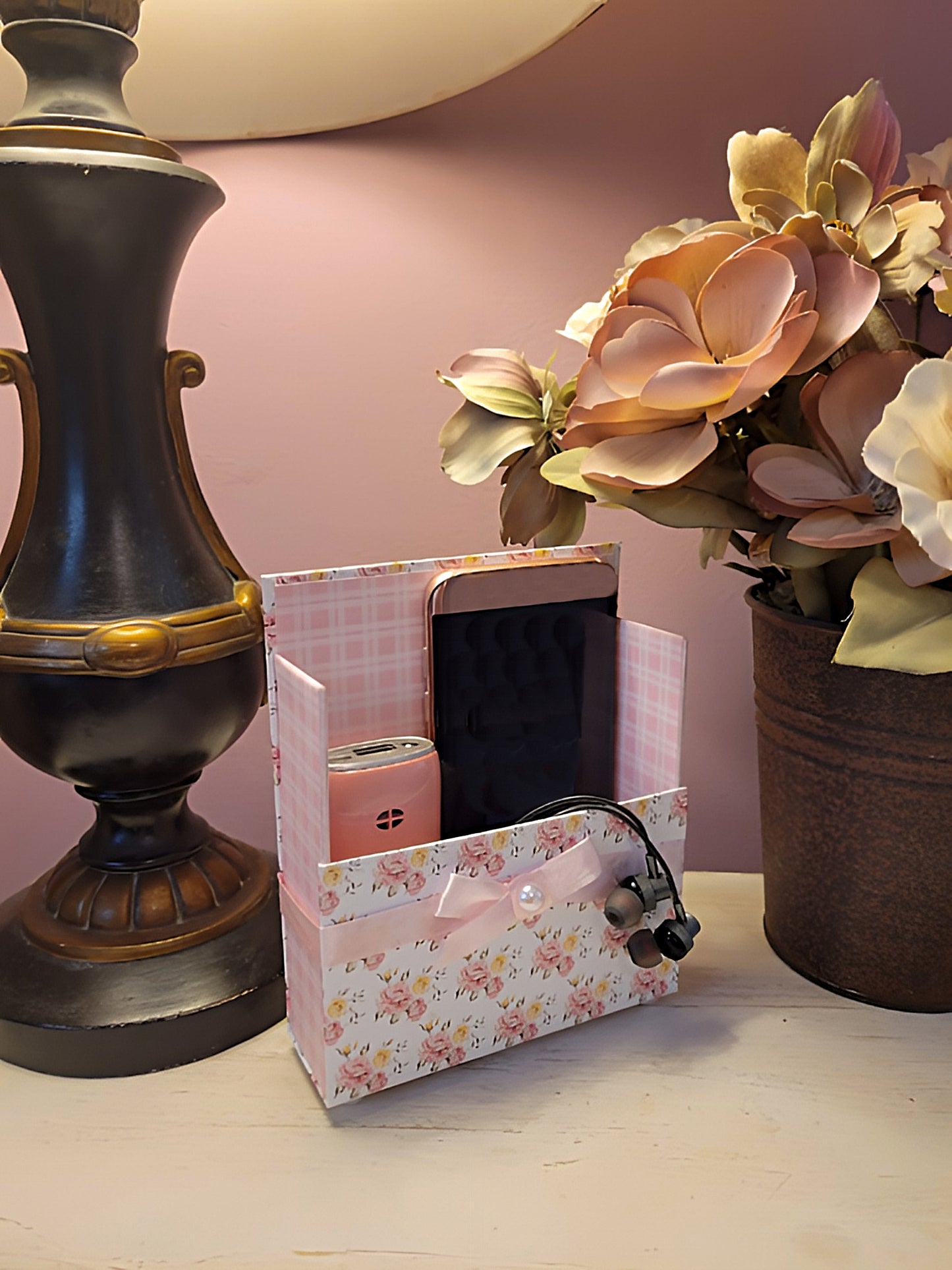 42-Pc Stationery Gift Box Set w/Reusable Desktop Organizer Box and Gold Pen - Pink & Yellow Posies - Chic Brico