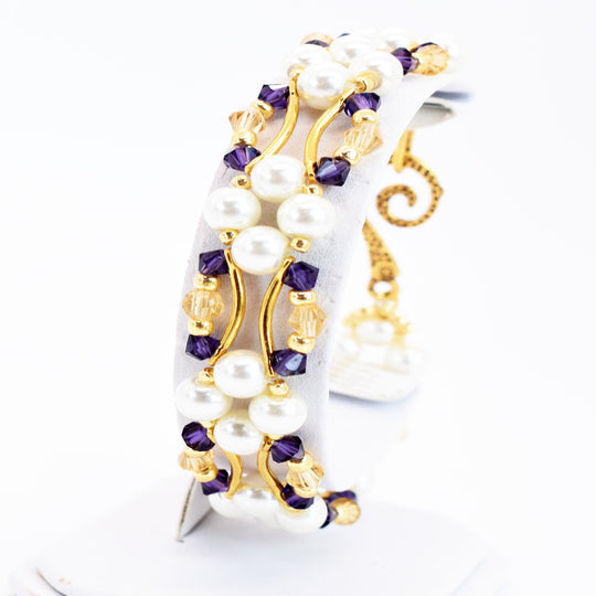 Purple Amethyst and Gold Crystal and Pearl Hex Block Link Bracelet - Chic Brico