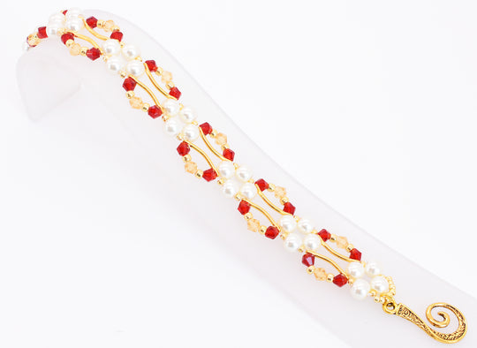 Siam Red and Gold Crystal and Pearl Hex Block Link Bracelet - Chic Brico