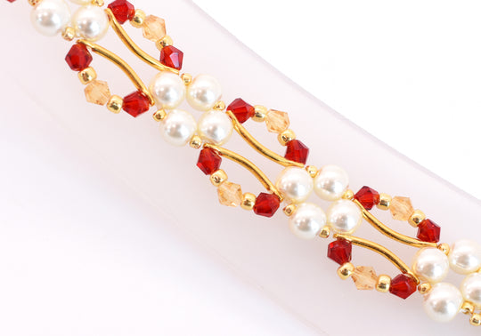 Siam Red and Gold Crystal and Pearl Hex Block Link Bracelet - Chic Brico